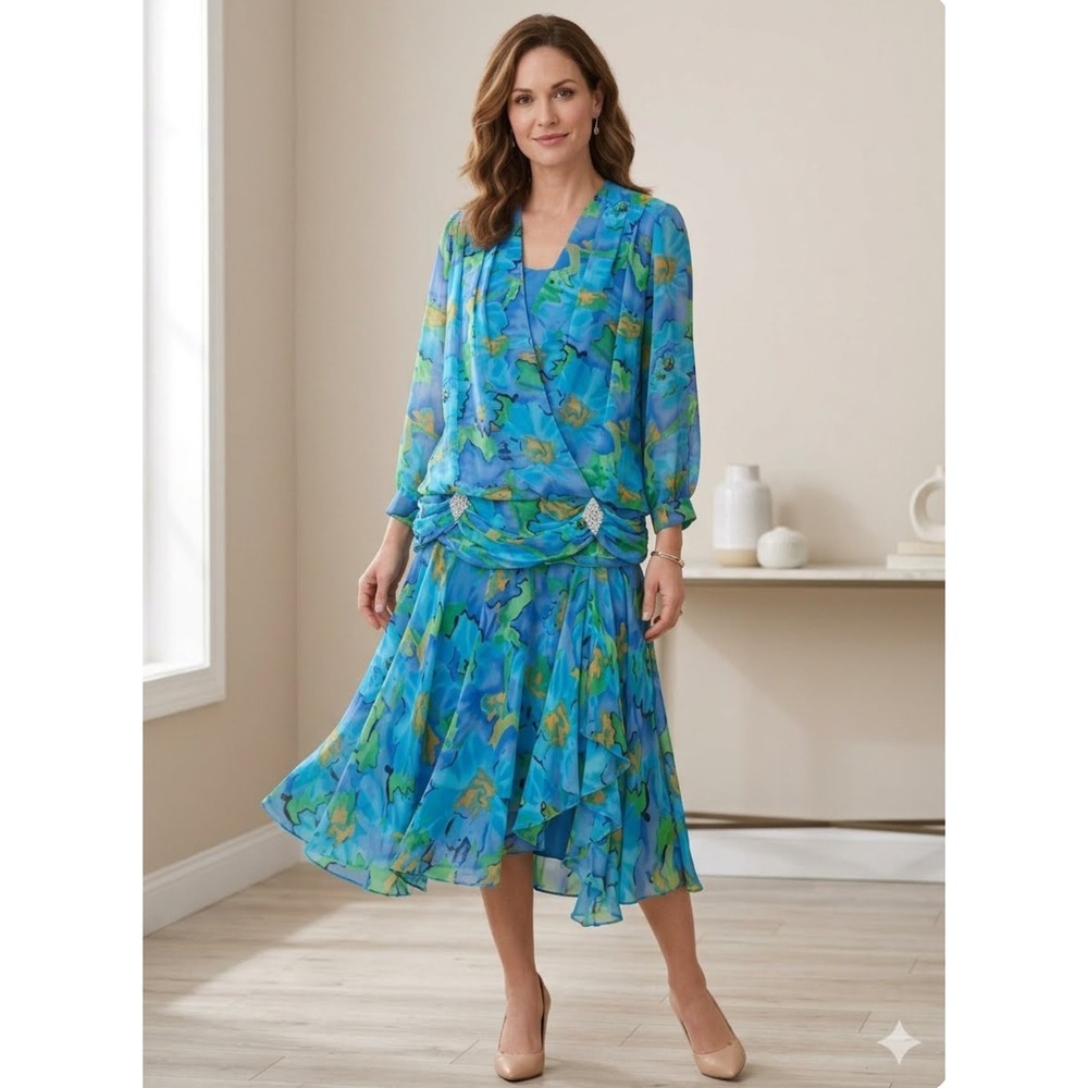 Justin David Skirt Set 18 Blue Floral Chiffon Rhinestone 2pc Boho Artsy Elegance